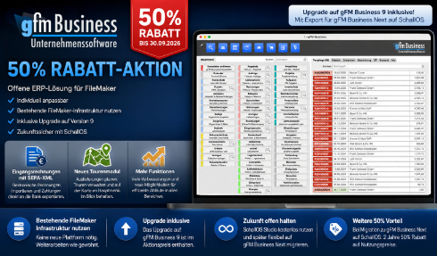 All-In-One Ürün Yönetimi gFM-Business, FileMaker platformuna dayalı, tüm süreçleri tek bir sistemde birleştiren kapsamlı bir ERP yazılımıdır. 30.09.2026 tarihine kadar geçerli kampanya: Tüm Professional temel lisanslarında 50% indirim. Mevcut bir FileMaker sunucusuna sahip kullanıcılar için idealdir.